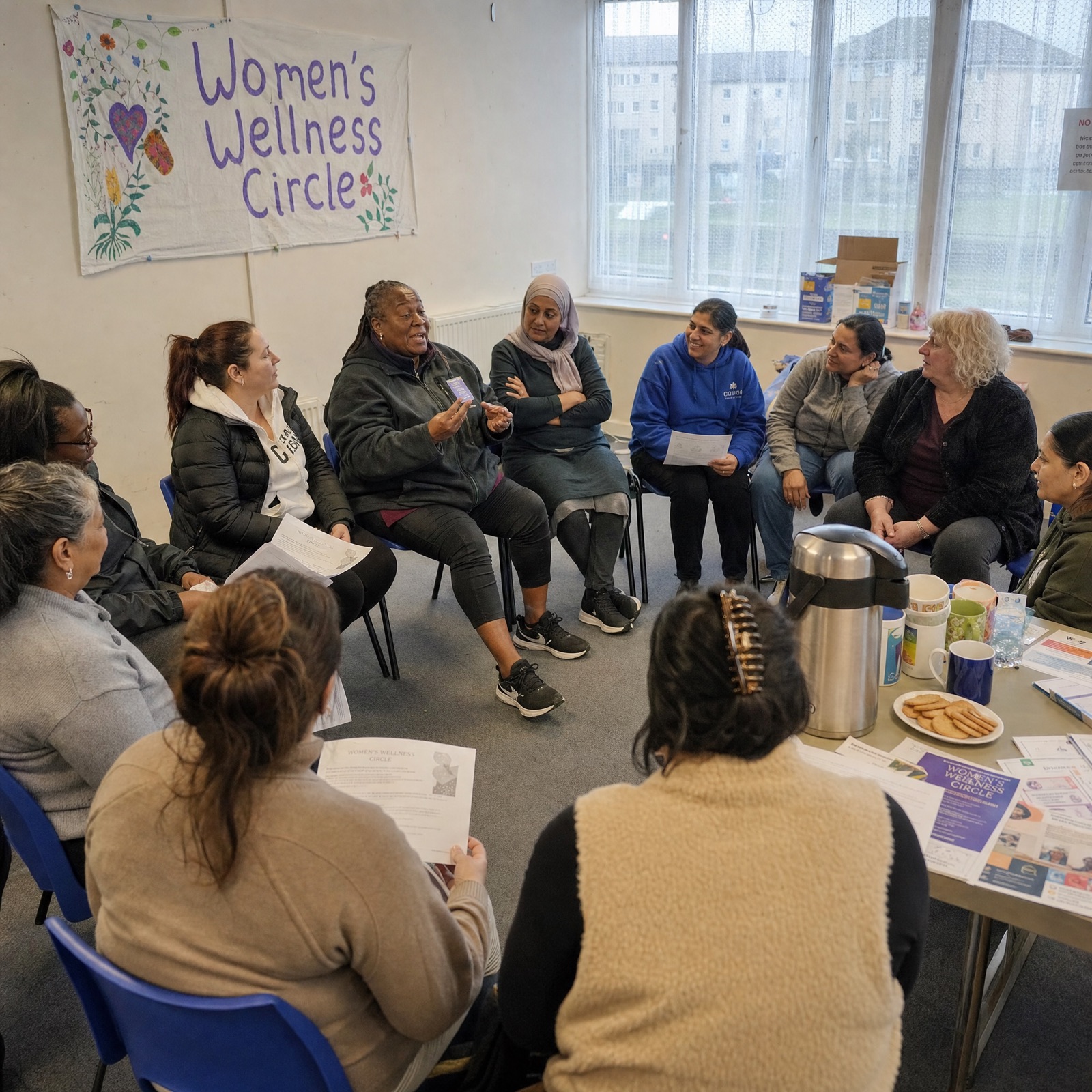 Workers and advocates around tables at a welfare room drop-in session